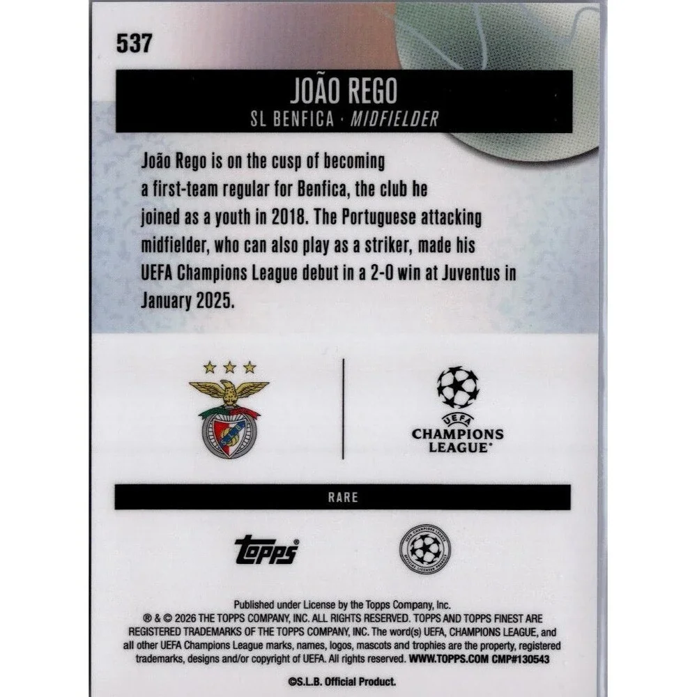 2026 Topps Finest UEFA #537 João Rego, SL Benfica RC Blue Refractor /99